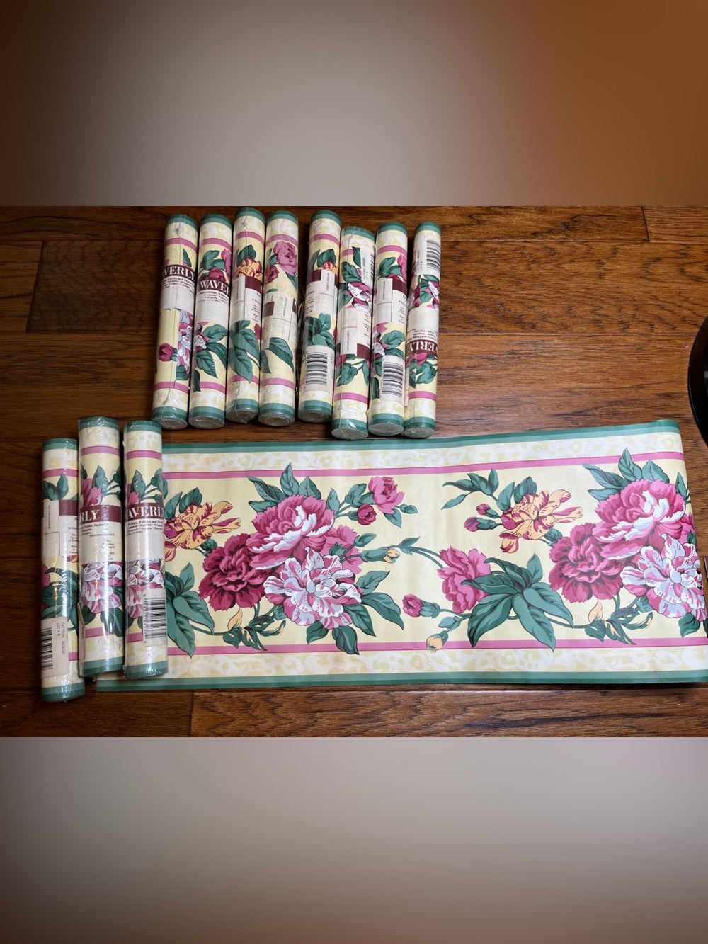 Waverly Vintage NOS Pink Rose and Teal Floral Wallpaper Border-12 Rolls